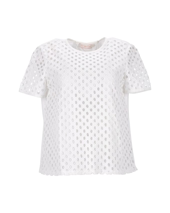 Tory Burch T-shirt met oogjes aan de voorkant in wit katoen