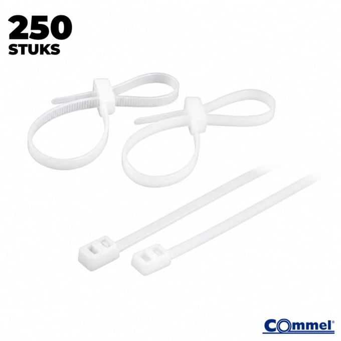 250x Commel Kabelbinders met Dubbele Sluitkop - 200 x 4.8 mm - Wit - Nylon - Treksterkte 22kg
