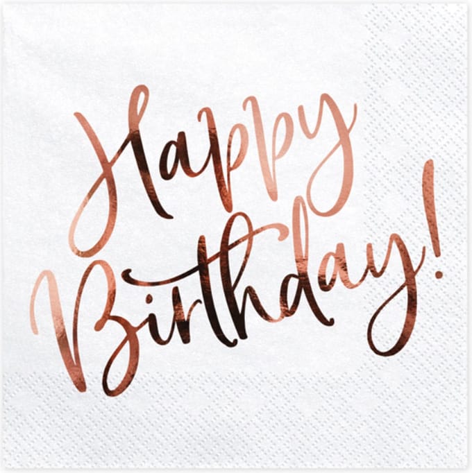 PartyDeco - Servetten - Happy birthday wit - rose gold (20 stuks)