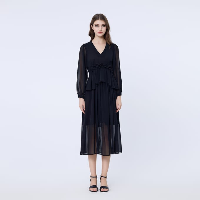 Lange ruche chiffon jurk