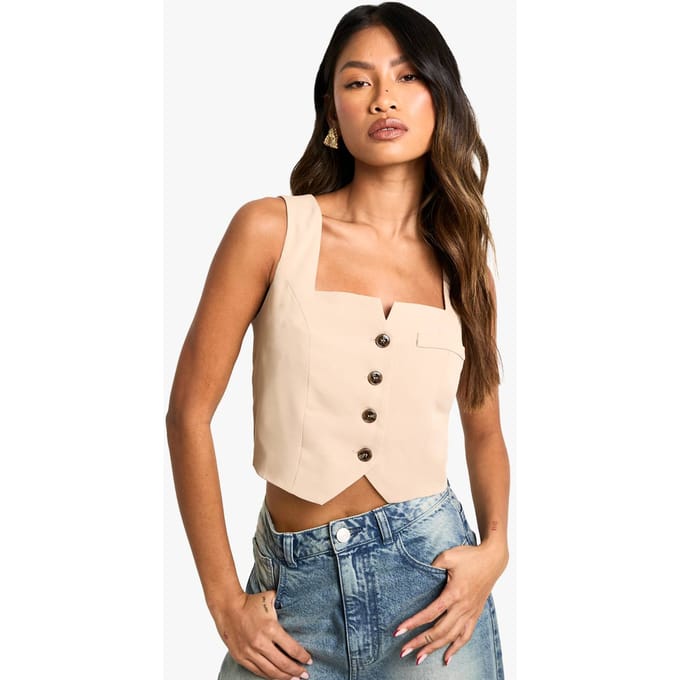 boohoo Dames Square Neck Cropped Fitted Waistcoat | Camel | Maat: 14
