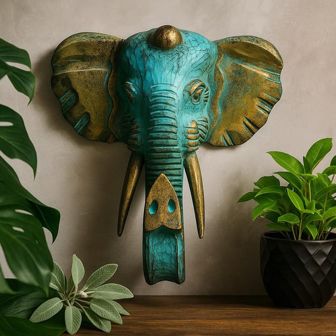 Large Elephant Head - Gold & Turquoise