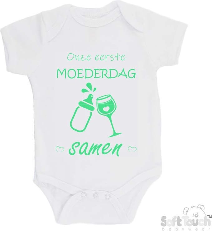 100% katoenen Romper "Onze eerste moederdag samen" Unisex Katoen Wit/mint Maat 62/68