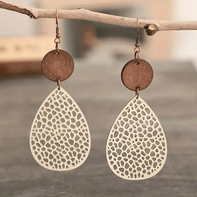 Natuurlijke Houten Druppeloorbellen | Boho Hol Ontwerp beige