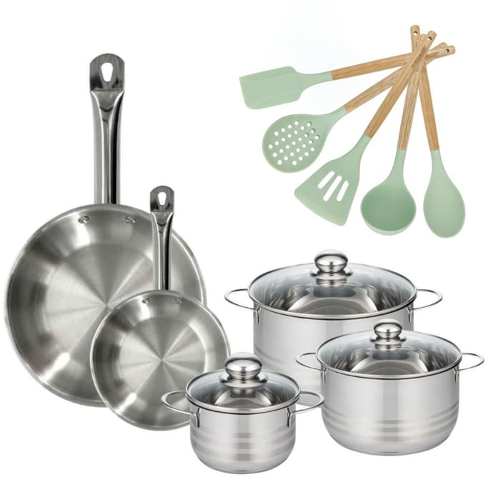 Set van 2 Pannen 20/28cm en 3 Kookpotten 16/20/24cm Fackelmann Etherna met 5 keukengerei