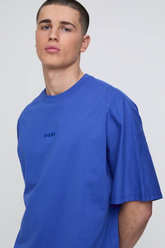 Oversized Panelled Man Embroidered T-Shirt and Short Set | Cobalt | Size Medium