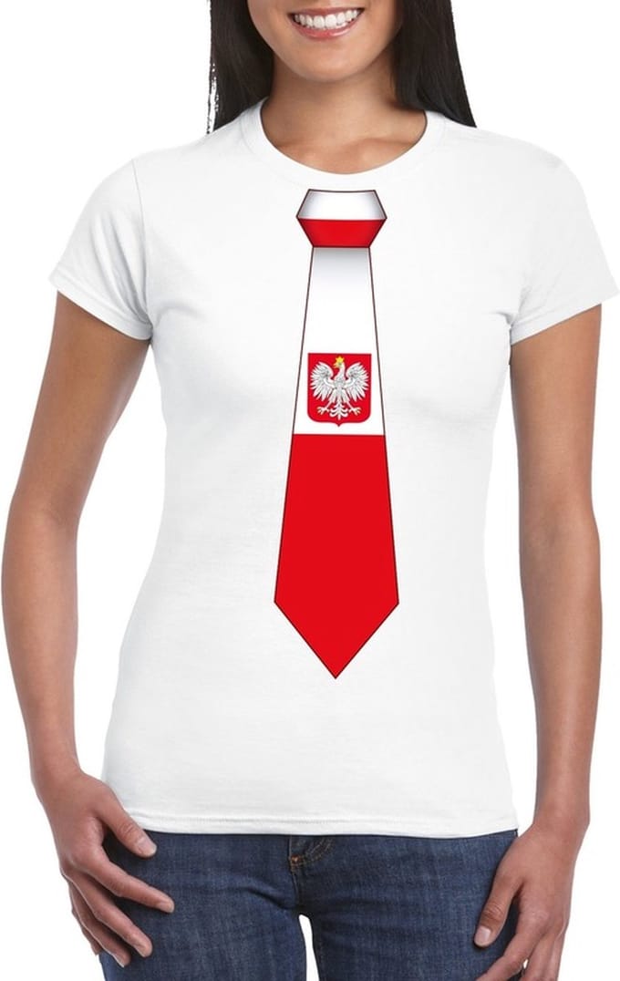 Wit t-shirt met Poolse vlag stropdas dames - Polen supporter M