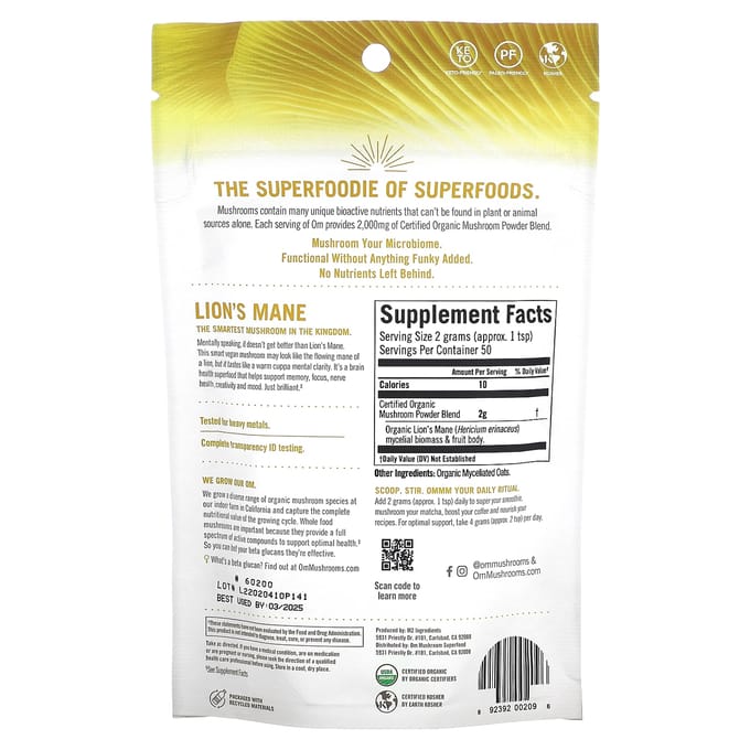 Om Mushrooms, Lion's Mane Mushroom, 100% gecertificeerd biologisch paddenstoelenpoeder, 99 gram (100 gr)