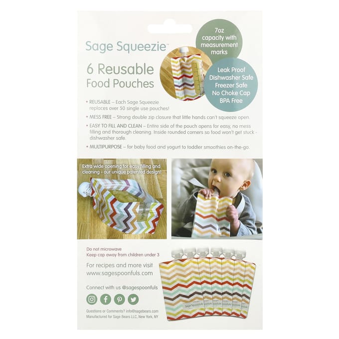 Sage Spoonfuls, Herbruikbare Voedselzakjes, 4 Maanden+, 6 Stuks white