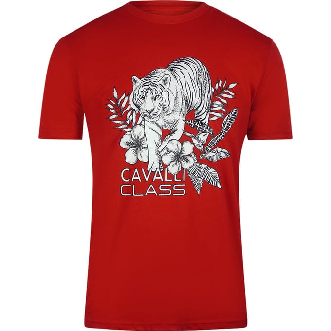 Cavalli Class Tiger Floral Logo Rood T-shirt