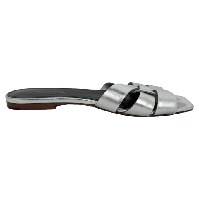 Saint Laurent Tribute Geweven Metallic Slides in Zilver Leder
