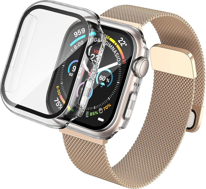 Hoesje met Screenprotector + Bandje geschikt voor Apple Watch 7 45 mm - Magnetisch Bandje Goud - Case met Screenprotector