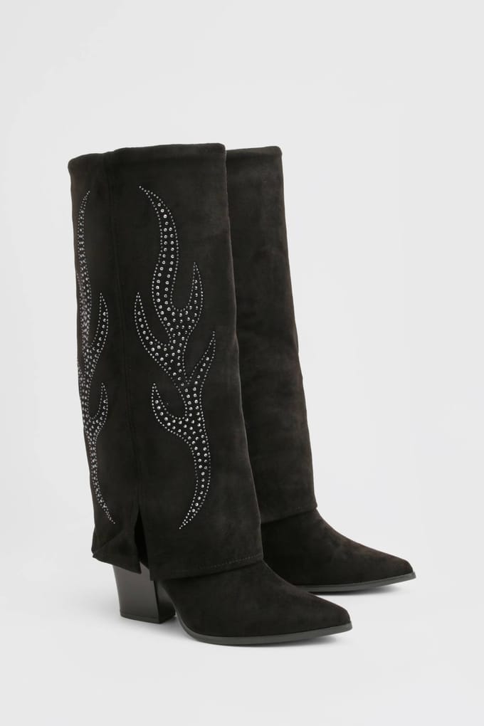 boohoo Dames Western gedetailleerde omgeslagen laars | Black | Maat: 3