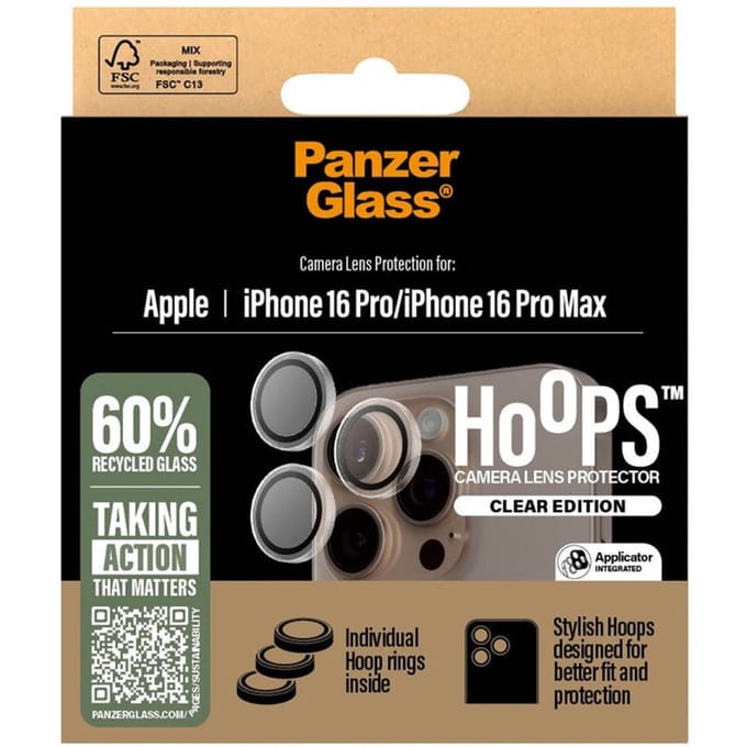 PanzerGlass Screenprotector geschikt voor Apple iPhone 16 Pro Glazen | PanzerGlass Hoops Camera Lens Protector - Case Friendly