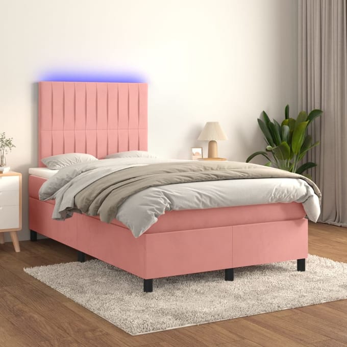 vidaXL - Boxspring - met - matras - en - LED - fluweel - roze - 120x200 - cm