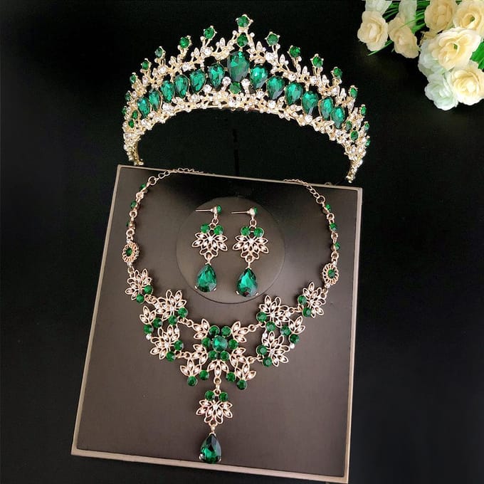 Prinses Bruidssieradenset Dames Mode Tiara Bruiloft Ketting Set Kroon Oorbellen Bruids Ketting Set Gala black