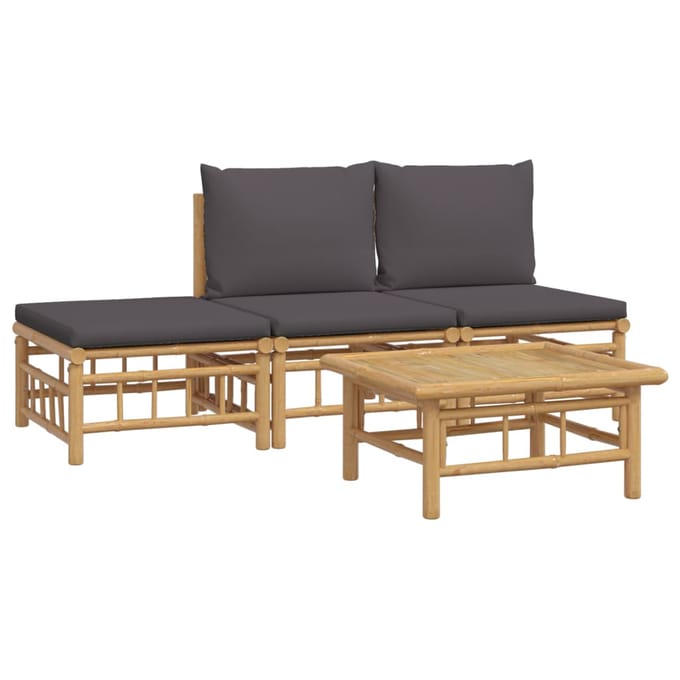 vidaXL - 4-delige - Loungeset - met - kussens - bamboe - donkergrijs