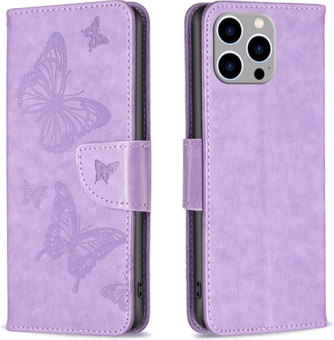 PU BookCover Hoes Etui geschikt voor iPhone 15 PRO MAX Paars Vlinders