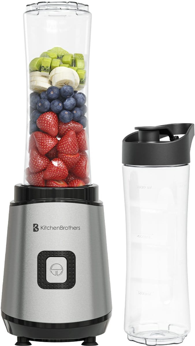 KitchenBrothers Mini Blender - BPA-vrij - Blender to Go - Smoothie Maker - 2 To-Go Bekers 600 ml - RVS