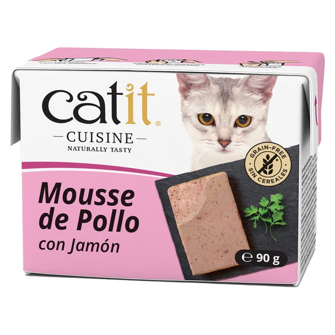 12x90g Catit Cuisine Mousse Tonijn met Zalm  & kip met ham nat kattenvoer