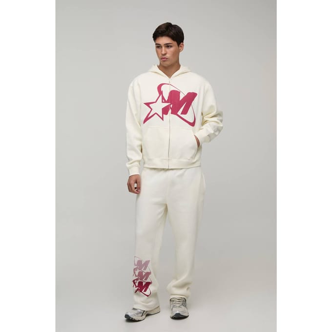 Oversized Boxy Trainingspak Met M-ster Grafische Print En Rits Met Capuchon | Ecru | Size Small
