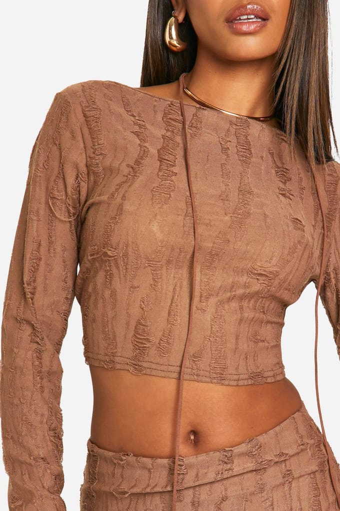 boohoo Dames Versleten look jersey top met geplooide zijkant | Chocoladebruin | Maat: 42