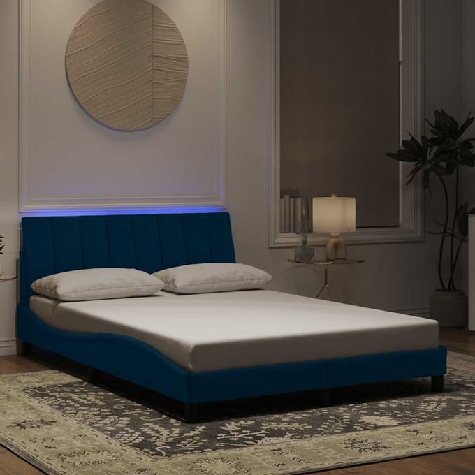 vidaXL - Bedframe - met - LED - zonder - matras - "Hanko" - - fluweel - blauw - 120x200 - cm