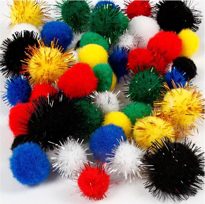 Pompons, d 15+20 mm, diverse kleuren, 48 div/ 1 doos