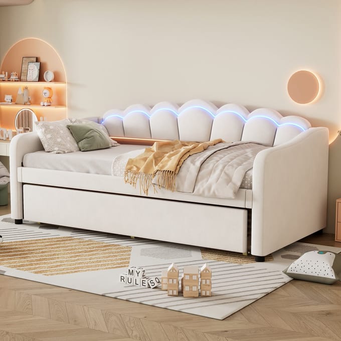 MODFU Bedframe 90x200 cm – Met uitschuifbaar rollbed en LED-hoofdbord – Gestoffeerd in beige fluweel