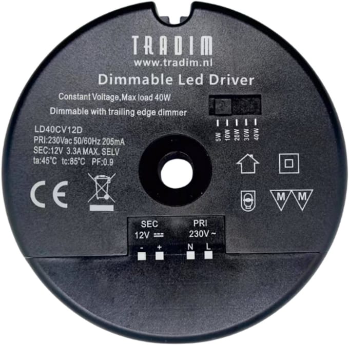 12V LED Driver 40W Triac Dimbaar Constant Voltage (CV) Rond | Tradim LD40CV12D