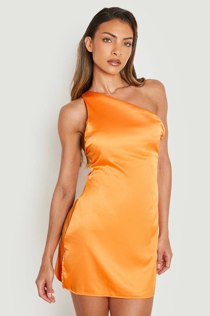boohoo Dames Satijn One Shoulder Open Back Mini Jurk | Oranje | Maat: 40