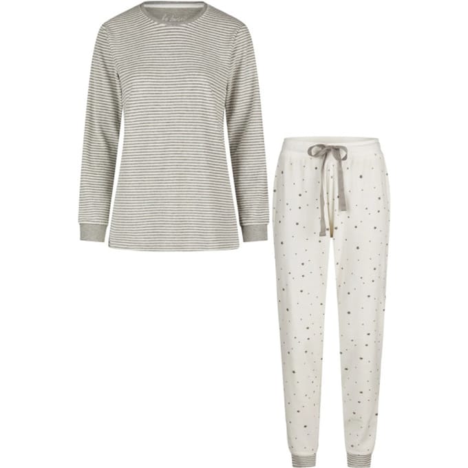 By Louise Dames Winter Pyjama Set Lang Badstof Gestreept Wit - Maat XL