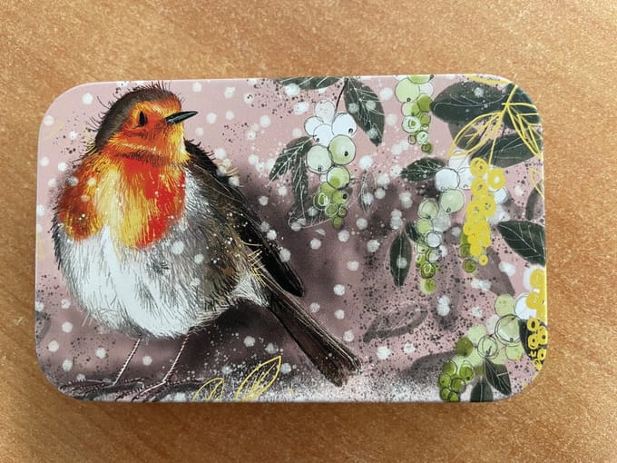 Alex Clark Rectangle Tin Christmas Robins ~ Langwerpig opbergblikje roodborstje winter kerst