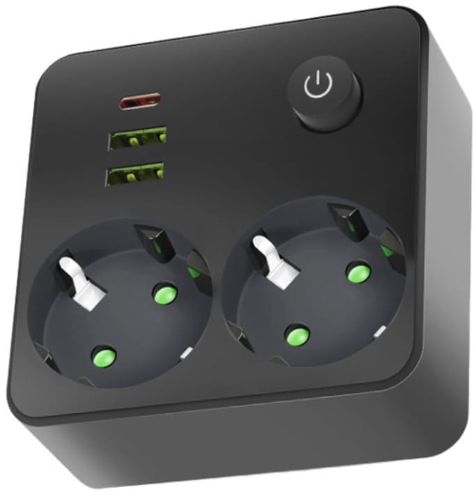 Kobi LINEA PRO FL2 stekkerdoos splitter met schakelaar 2x Schuko + 2x USB-A + 1x USB-C zwart