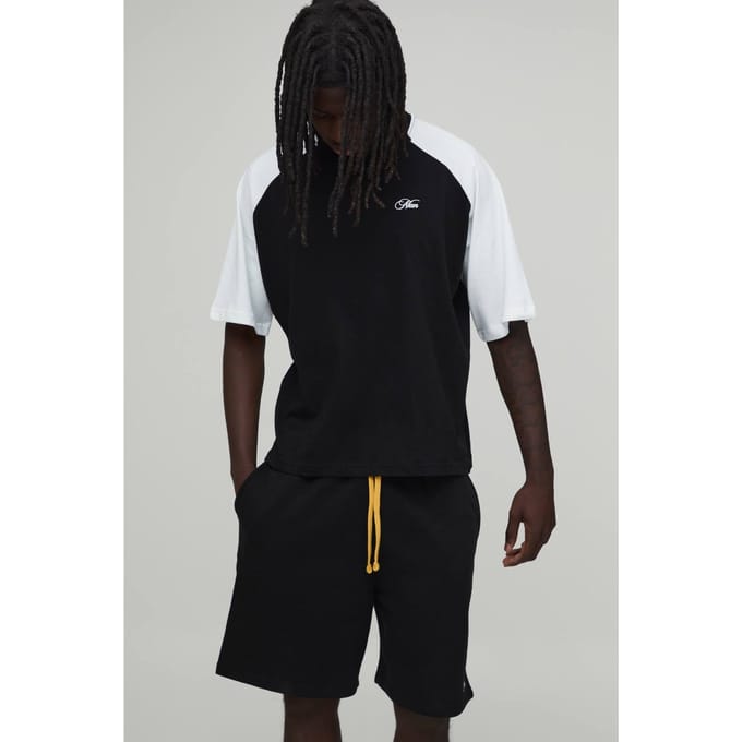 Oversized Boxy Raglan T-shirt & Baggy Short Set | Black | Size Medium