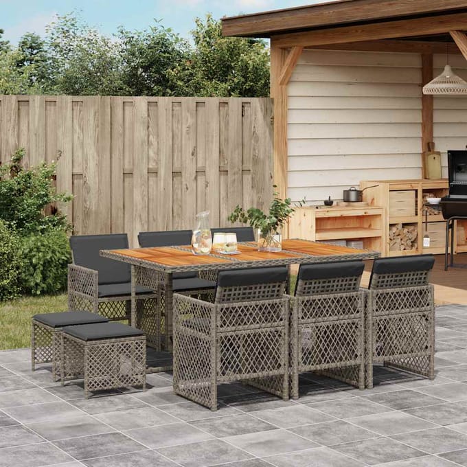 vidaXL - 11-delige - Tuinset - met - kussens - poly - rattan - grijs