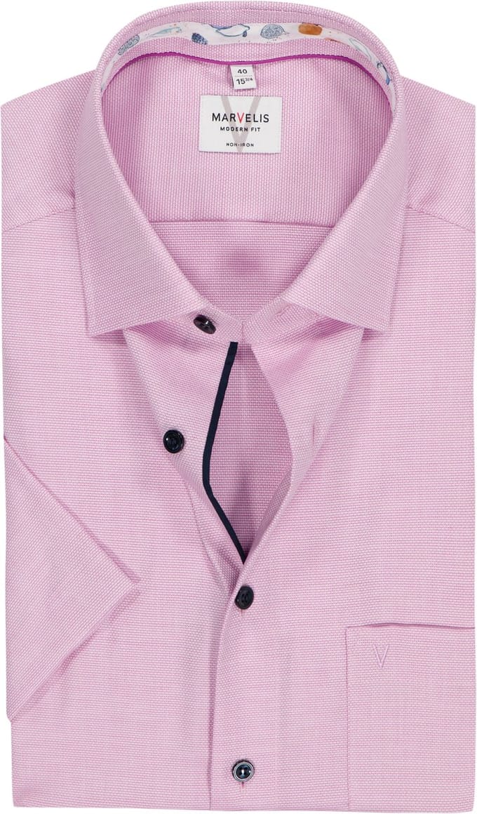MARVELIS modern fit overhemd - korte mouw - structuur - roze - Strijkvrij - Boordmaat: 38 (EU maat: S)