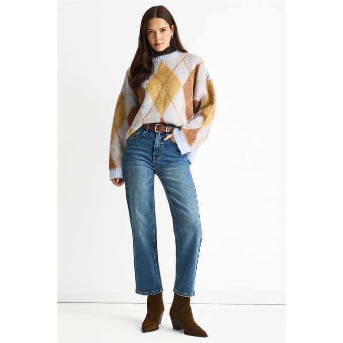Blauwe jeans met rechte pijpen en middelhoge taille