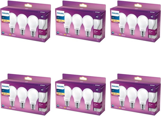 Philips Voordeelverpakking - E27 - LED Standaard lamp - Helder - 60W - Niet Dimbaar - Warmwit Licht - Set van 18 Stuks