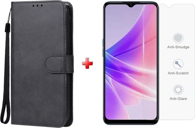 Oppo A58 5G zwart agenda book case hoesje + glas screenprotector