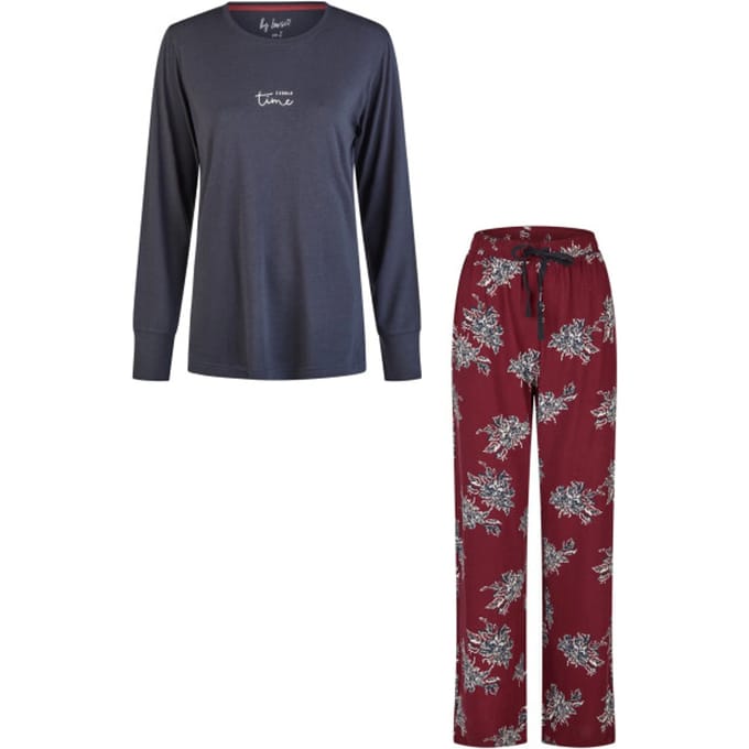 By Louise Dames Pyjama Set Lang Modal/Bamboe Viscose Donkerblauw/Bordeaux Rood Gebloemd - Maat M