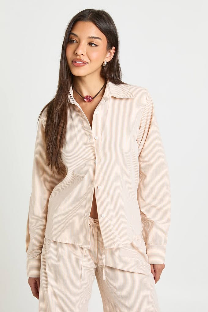 boohoo Dames Gestreept Oversized Shirt Van Katoenen Popeline | Abrikoos | Maat: 36