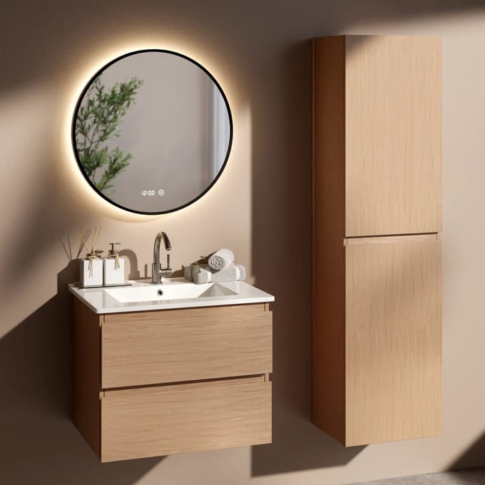 Badkamermeubel set Fayro - 60cm - Licht Eiken - Wastafel Wit