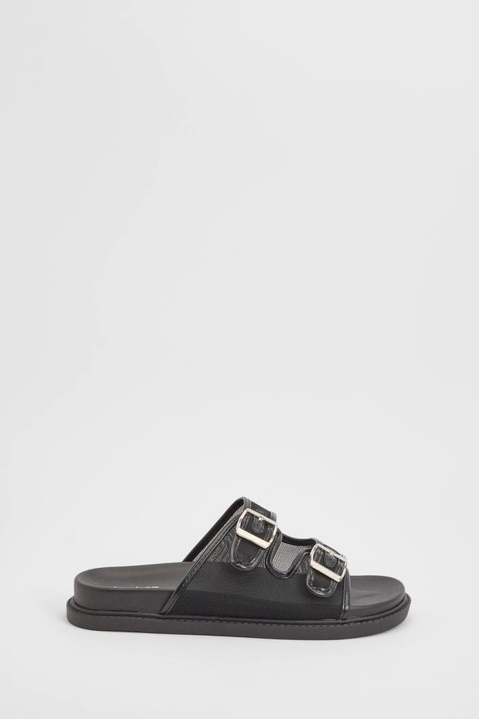 boohoo Dames Wijdpasvorm Mesh Dubbele Gesp Sandalen | Zwart | Maat: 37