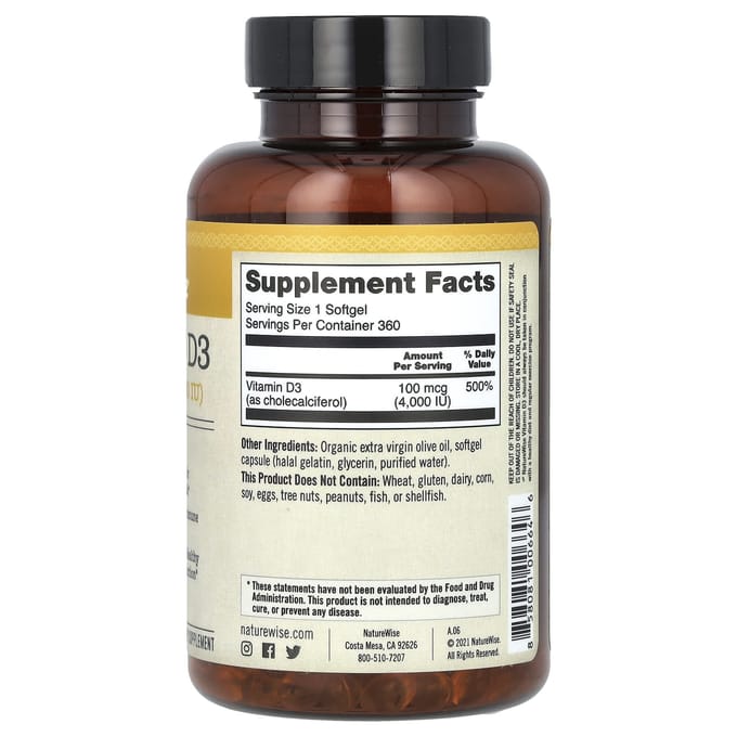 NatureWise, Vitamine D3, 100 mcg (4.000 IE), 360 zachte capsules