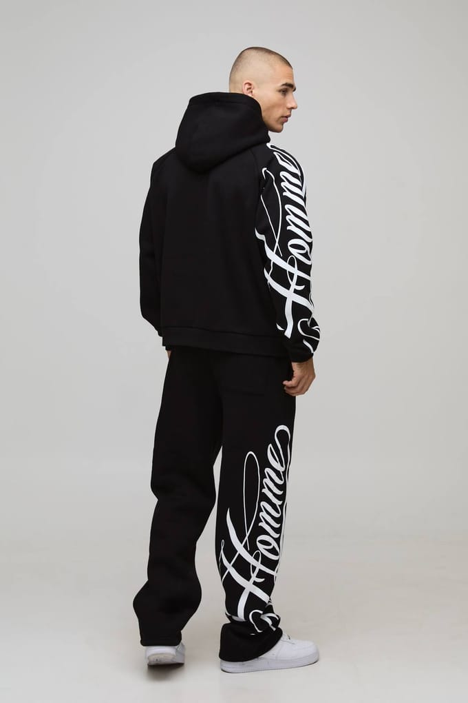 Oversized Boxy Homme Script Hoodie and Relaxed Split Hem Jogger Tracksuit | Black | Size Small
