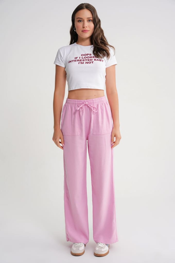 Midden taille rechte pijp katoenen broek met striksluiting