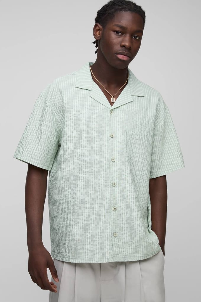 Oversized Geborduurd Gestreept Seersucker Revere Shirt | Green | Size Medium