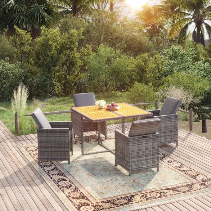 vidaXL - 5-delige - Tuinset - met - kussens - poly - rattan - grijs