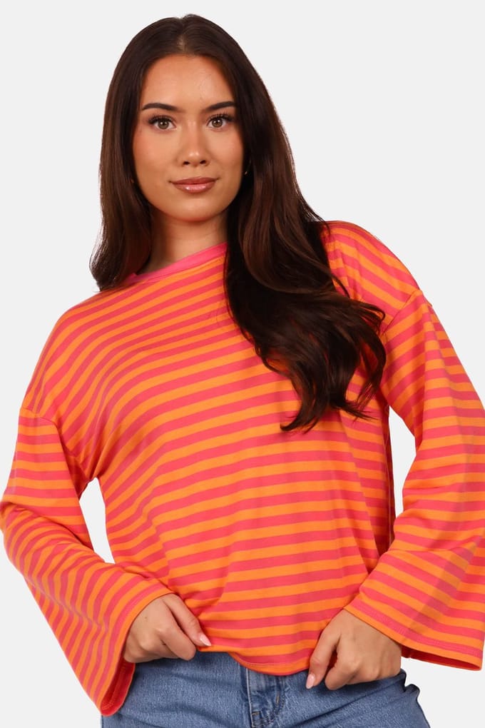 Getdrezzed Top - Maat: M - Gestreepte longsleeve in fuchsia en oranje
